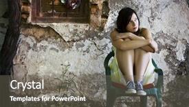  Presentation with woman sad - Beautiful presentation design featuring young sad woman sited on dirty place backdrop and a gray colored foreground