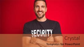  Presentation with camera security - Presentation design with young safeguard man wearing security uniform over red isolated background happy face smiling with crossed arms looking at the camera positive person background and a red colored foreground