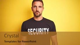  Presentation with camera security - PPT layouts with young safeguard man wearing security uniform over yellow isolated background relaxed with serious expression on face simple and natural looking at the camera background and a gold colored foreground