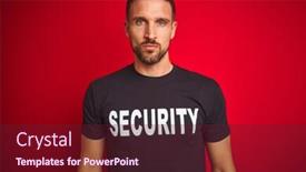  Presentation with security camera - Colorful slide deck enhanced with young safeguard man wearing security uniform over red isolated background with serious expression on face simple and natural looking at the camera backdrop and a tawny brown colored foreground