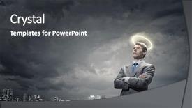 Presentation with above and beyond - Cool new slides with young saint businessman with halo backdrop and a dark gray colored foreground
