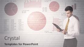  Presentation with sales - Slide deck having young sales business male in elegant suit standing in front of brick wall background with lines and pie charts concept background and a lemonade colored foreground