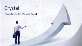  Presentation with sales - Beautiful presentation theme featuring young sales business person in elegant suit standing with his back in front of a big arrow pointing up and a clear background full of pie charts numbers backdrop and a sky blue colored foreground