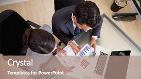  Presentation with statistics - Colorful presentation theme enhanced with young sales persons studying statistics backdrop and a coral colored foreground