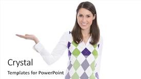  Presentation with sales - Audience pleasing presentation consisting of young sales woman presenting a new product - isolated on white backdrop and a white colored foreground