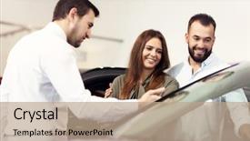  Presentation with salesman - PPT theme featuring young salesman explaining car features background and a coral colored foreground