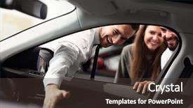  Presentation with car assembly line - PPT theme with young salesman explaining car features background and a tawny brown colored foreground