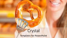  Presentation with salesperson - Presentation theme consisting of young salesperson in a bakery is packing bread and pretzels for a customer background and a coral colored foreground