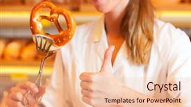  Presentation with salesperson - Presentation with young salesperson in a bakery is packing bread and pretzels for a customer background and a lemonade colored foreground