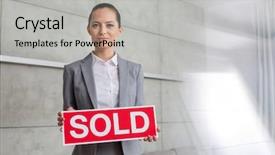  Presentation with confident - Theme featuring young saleswoman holding sold placard background and a light gray colored foreground