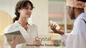  Presentation with plastic product - Presentation theme with young-saleswoman-with-tablet-looking background and a  colored foreground