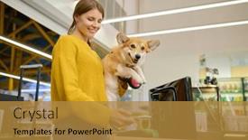  Presentation with purchase and supply chain - Slide deck enhanced with young-satisfied-woman-paying background and a gold colored foreground