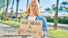  Presentation with change - Beautiful slide deck featuring young-scandinavian-activist-man backdrop and a coral colored foreground