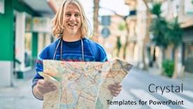  Presentation with city map - Beautiful slides featuring young-scandinavian-tourist-man-smiling backdrop and a light blue colored foreground