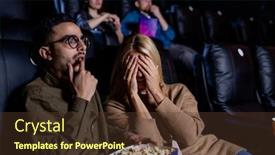  Presentation with horror cinema - Theme consisting of young-scared-woman-covering-face background and a tawny brown colored foreground