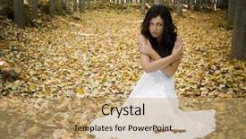  Presentation with scary forest - PPT theme featuring young scared woman in dark background and a coral colored foreground