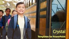  Presentation with school board - Theme with young schoolboy and friends waiting background and a tawny brown colored foreground