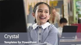  Presentation with laptop - Slides with young schoolgirl sitting by laptop background and a gray colored foreground