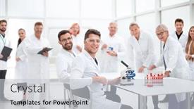  Presentation with scientist - Presentation theme enhanced with young-scientist-and-his-colleagues background and a light gray colored foreground