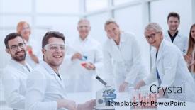  Presentation with scientist - PPT theme consisting of young-scientist-and-his-colleagues background and a light blue colored foreground