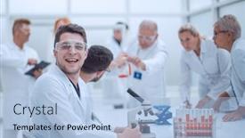  Presentation with scientist - Beautiful slide set featuring young-scientist-and-his-colleagues backdrop and a light blue colored foreground