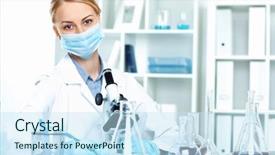  Presentation with young students working in groups - Theme featuring young scientist in white uniform background and a  colored foreground