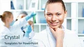  Presentation with working - Presentation design featuring young scientists in white uniform background and a sky blue colored foreground