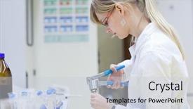  Presentation with portrait of excited overjoyed female - Slides featuring young scientists white uniform working laboratory - portrait of a female researcher background and a  colored foreground