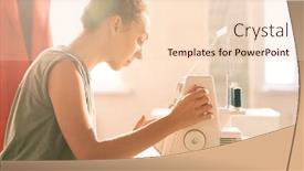  Presentation with tailoring - Amazing presentation having young seamstress bending over sewing machine while sitting by workplace in tailoring shop backdrop and a lemonade colored foreground