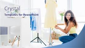  Presentation with mannequin - Amazing PPT theme having young-seamstress-hemming-dress backdrop and a sky blue colored foreground