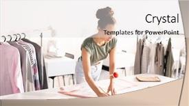  Presentation with pink color velvet textile - Audience pleasing presentation theme consisting of young seamstress outlining paper pattern backdrop and a white colored foreground