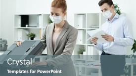  Presentation with xerox - Slide deck with young-secretary-in-elegant-suit background and a ocean colored foreground