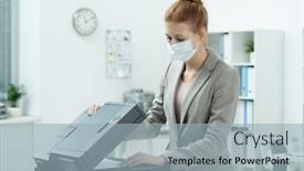  Presentation with xerox - PPT theme consisting of young-secretary-in-grey-suit background and a light blue colored foreground