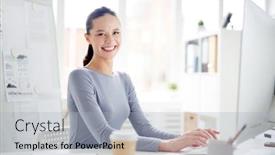  Presentation with secretary - PPT layouts with young secretary looking at camera with toothy smile by her workplace while networking background and a light gray colored foreground