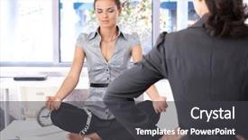  Presentation with secretary - Slides consisting of young secretary meditating in office on top of desk angry boss looking at her background and a dark gray colored foreground