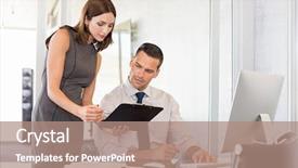  Presentation with business report - Slides having young secretary showing business report background and a coral colored foreground