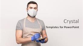  Presentation with restaurant waiter - Colorful slide set enhanced with young-seious-waiter-in-apron backdrop and a lemonade colored foreground