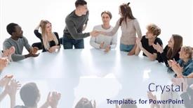  Presentation with shaking hands - Slide deck enhanced with young-seminar-participants-shaking-hands background and a  colored foreground