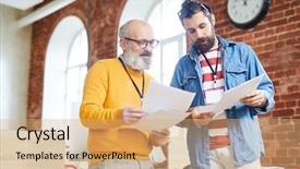  Presentation with senior heands - PPT theme enhanced with young senior economists or analysts background and a coral colored foreground