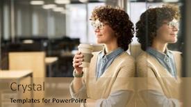  Presentation with minute - PPT layouts consisting of young-serene-businesswoman-with-cup background and a coral colored foreground
