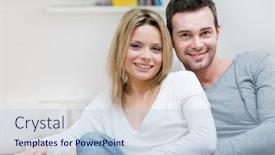  Presentation with serene - Beautiful presentation theme featuring young serene couple looking at camera together in their living room at home backdrop and a lemonade colored foreground