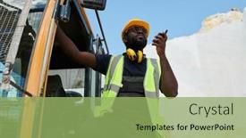 Presentation with walkie talkie - Presentation theme consisting of young-serious-african-american-worker background and a seafoam green colored foreground