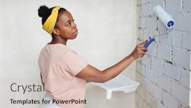  Presentation with white brick wall - Colorful presentation design enhanced with young-serious-african-female backdrop and a soft green colored foreground