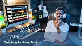  Presentation with recording studio - Beautiful theme featuring young serious african musician in casualwear and headphones sitting in armchair by workplace in sound recording studio backdrop and a ocean colored foreground