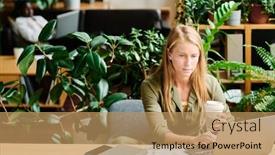  Presentation with green office - PPT theme enhanced with young-serious-blond-businesswoman background and a coral colored foreground