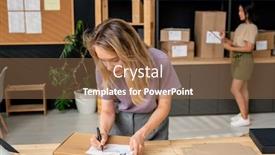  Presentation with female - Colorful PPT theme enhanced with young-serious-blond-female-manager backdrop and a tawny brown colored foreground