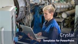  Presentation with worker - Slides featuring young-serious-blond-female-worker background and a navy blue colored foreground
