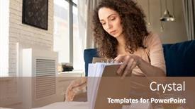  Presentation with journal - Amazing presentation design having young-serious-brunette-businesswoman backdrop and a violet colored foreground