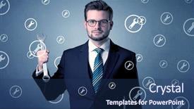  Presentation with sterilization tool - Amazing presentation design having young serious businesman holding tool backdrop and a  colored foreground