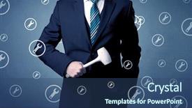  Presentation with cyber security tool description brief - Theme consisting of young serious businesman holding tool background and a  colored foreground